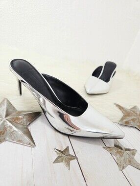 Black Suede Studio Logan mules silver mirror metallic pump heels women's size 37